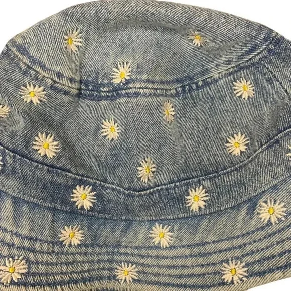 American Eagle Embroidered Sunflower Light Denim Bucket Hat Adult One Size Retro - Picture 2 of 7